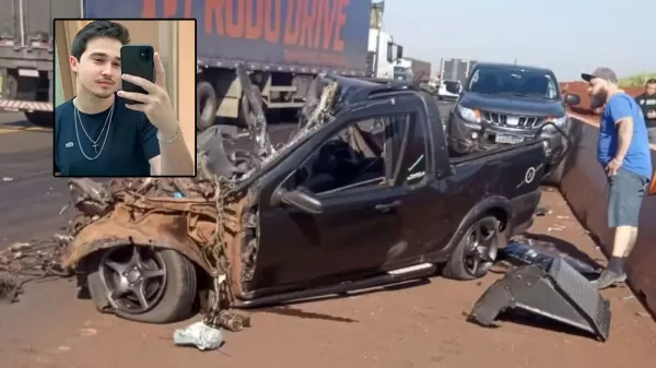 Jovem de 25 anos morre após bater contra carreta e caminhonete em rodovia na região; carro ficou destruído