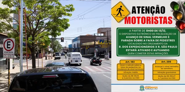 Ourinhos começa a autuar motoristas que avançarem sinal vermelho a partir de 13 de dezembro, no cruzamento das Ruas do Expedicionário e São Paulo