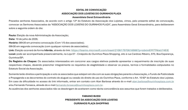 EDITAL DE CONVOCAÇÃO ASSOCIAÇÃO DOS LOJISTAS DO OURINHOS PLAZA