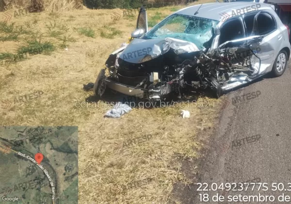 Acidente entre carro e caminhão deixa uma vítima fatal na SP-294, próximo a Herculândia