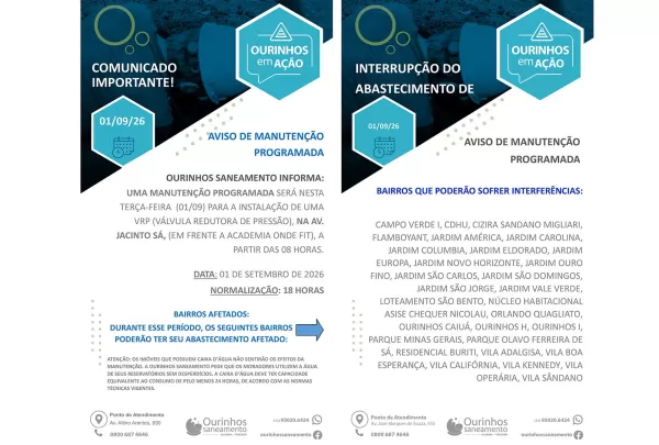Ourinhos Saneamento realiza manutenção programada e bairros podem ter abastecimento de água afetado nesta terça-feira