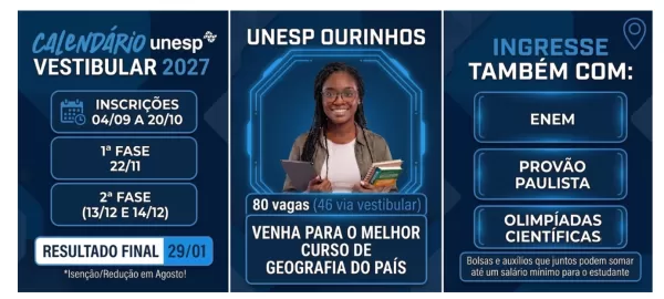 Unesp Ourinhos oferece 80 vagas com oportunidade de bolsas e auxílios financeiros que podem chegar até um salário-mínimo