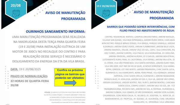 Ourinhos Saneamento informa interrupção programada no abastecimento de água em diversos bairros, nesta madrugada 