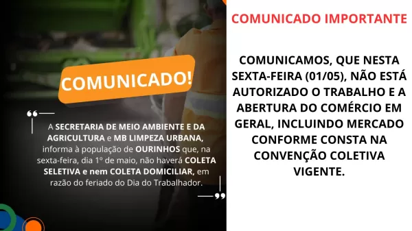 Ourinhos terá suspensão da coleta de lixo e comércio fechado no feriado de 1º de maio