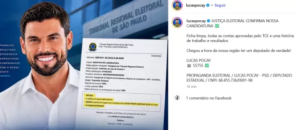 Lucas Pocay tem registro de candidatura deferido no TRE-SP, mas julgamento, que pode o tornar inelegível, é adiado mais uma vez no TJSP