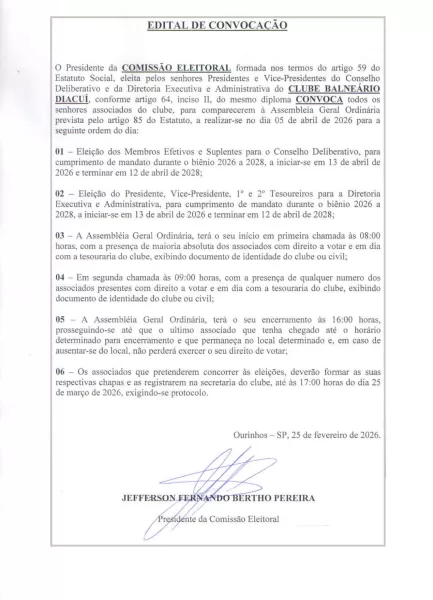 EDITAL DE CONVOCAÇÃO ELEIÇÃO CLUBE BALNEÁRIO DIACUÍ 2026