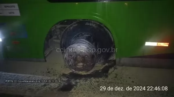 Ônibus com destino a Aparecida pega fogo após pneu estourar na SP-258 