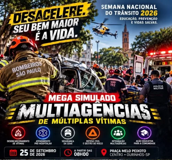 Simulado de acidente de trânsito será realizado nesta sexta-feira (25), às 8h, na Praça Mello Peixoto, em Ourinhos; vias serão interditadas