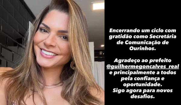 Secretária de Comunicação de Ourinhos, Carolina Galan, anuncia saída do cargo nas redes sociais