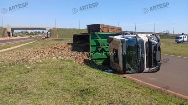 Caminhão bitrem tomba em dispositivo de retorno e espalha carga de cana picada em Tarumã