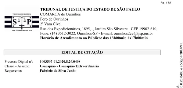 Justiça de Ourinhos publica edital de citação em ação de usucapião de imóvel no Vila Adalgiza
