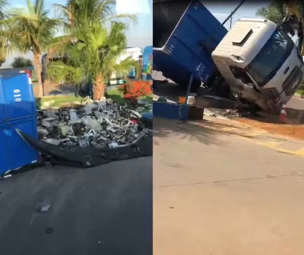 Estudantes são atingidos por carga de sucata de caminhão que tombou na rodovia na região; vídeo