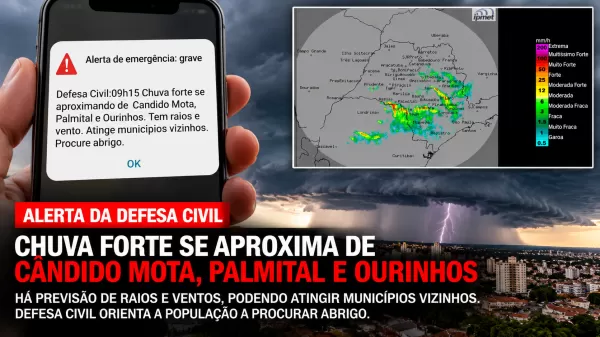 Defesa Civil emite alerta grave para celulares de Ourinhos e região sobre aproximação de chuva forte, raios e ventos