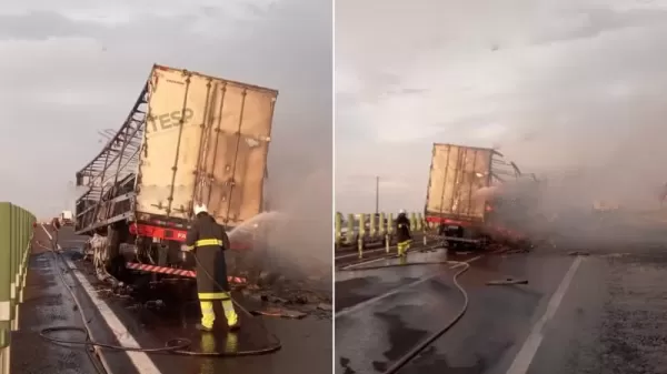Carga de papelão pega fogo em carreta após incêndio às margens da SP-333 em Tarumã