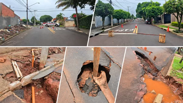 Defesa Civil interdita rua no Jardim Paulista após temporal provocar grande buraco e comprometer asfalto em Ourinhos