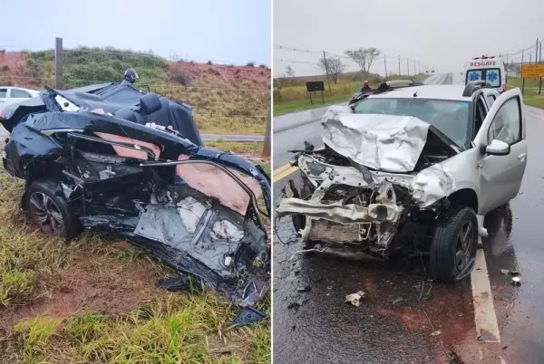 Colisão na SP-294 em Pompeia parte carro ao meio e deixa dois motoristas feridos