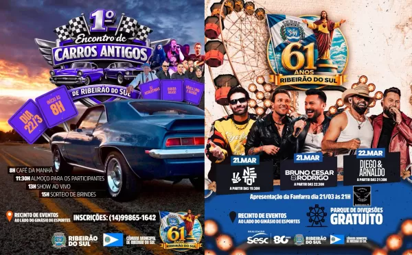 Ribeirão do Sul celebra 61 anos com shows, parque de diversões e encontro de carros antigos