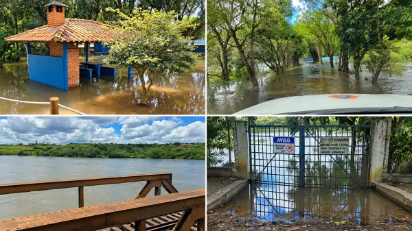 Rio Paranapanema entra em Nível de Cheia 1 e alagamento avança sobre estrada de acesso ao Clube Diacuí, em Ourinhos