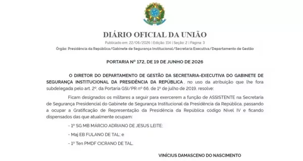 Portaria de órgão do GSI designa major 'Fulano de Tal' e tenente 'Cicrano de Tal' como assistentes na Segurança Presidencial