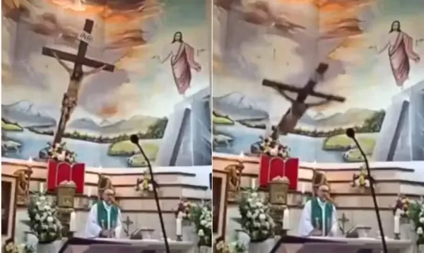 Padre morre após cruz de madeira cair sobre ele durante missa transmitida ao vivo no Equador; vídeo mostra momento do acidente
