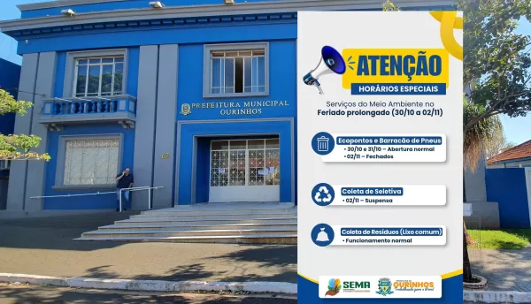 Prefeituras de Ourinhos e Santa Cruz do Rio Pardo fecham na sexta-feira (30) e retomam atendimento somente na terça-feira, 3