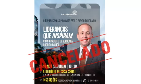 Palestra de Rodrigo Manga em Ourinhos é cancelada após afastamento do cargo em Sorocaba 