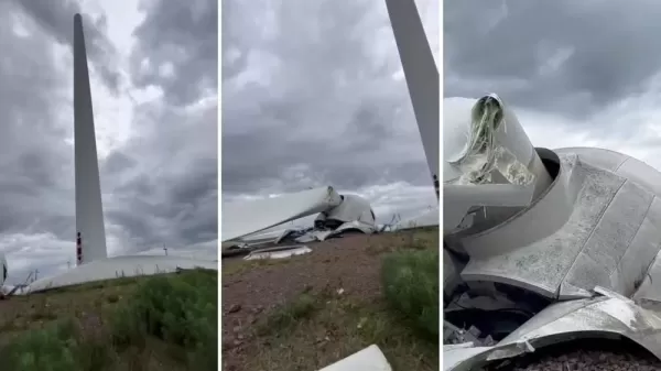 Vendaval derruba turbina de parque eólico e provoca destruição em Santana do Livramento (RS)