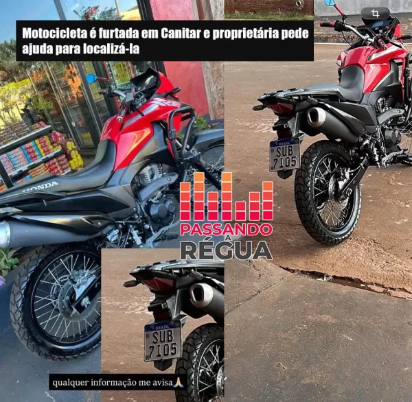 Motocicleta é furtada em frente à residência durante a noite em Canitar; proprietária pede ajuda para localizá-la