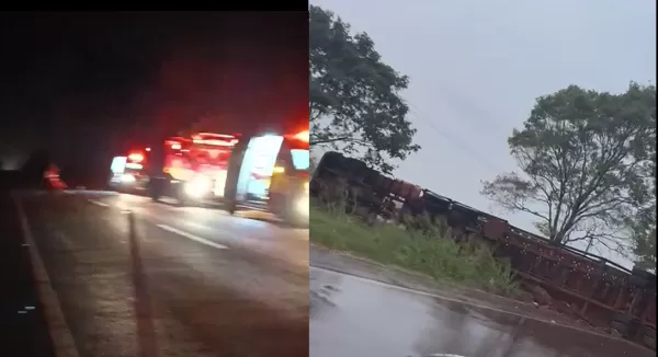 Caminhão de Ourinhos tomba em Palmital e motorista fica gravemente ferido