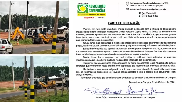 Retirada de outdoors da Frutap e Pérola gera polêmica em Bernardino de Campos; empresas recebem apoio da Associação Comercial e Prefeitura se defende