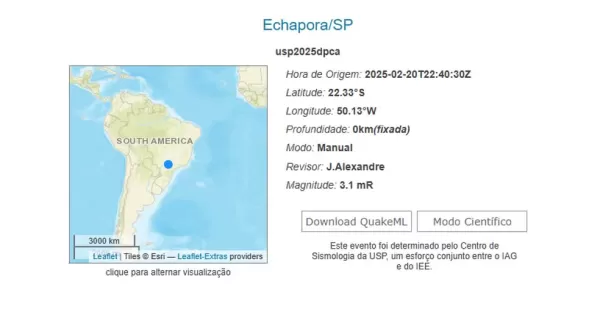 Tremor de 3,1 é registrado na região; cidade fica a cerca de 100 km de Ourinhos