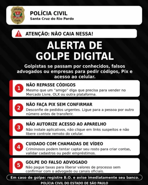 Criminosos se passam por conhecidos, advogados e empresas para pedir códigos, Pix e acesso a aparelhos em Santa Cruz do Rio Pardo