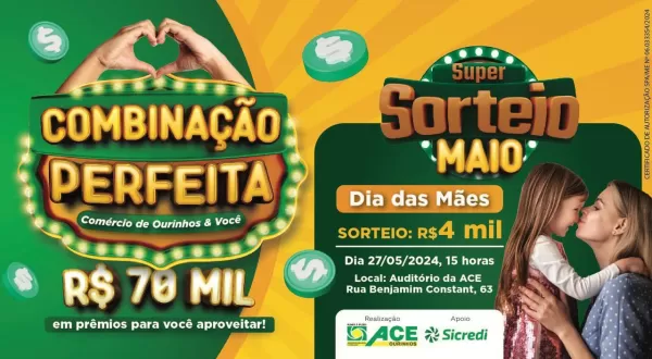 Primeiro sorteio com valor de R$ 4 mil da campanha da ACE “Combinação Perfeita – Comércio de Ourinhos & Você” será na próxima segunda-feira, 27