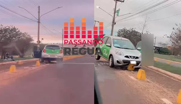 Carro de canal de TV atinge tachão na Avenida Luiz Saldanha Rodrigues em Ourinhos