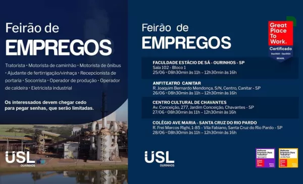 Usina São Luiz de Ourinhos realiza Feirão de Empregos na próxima semana
