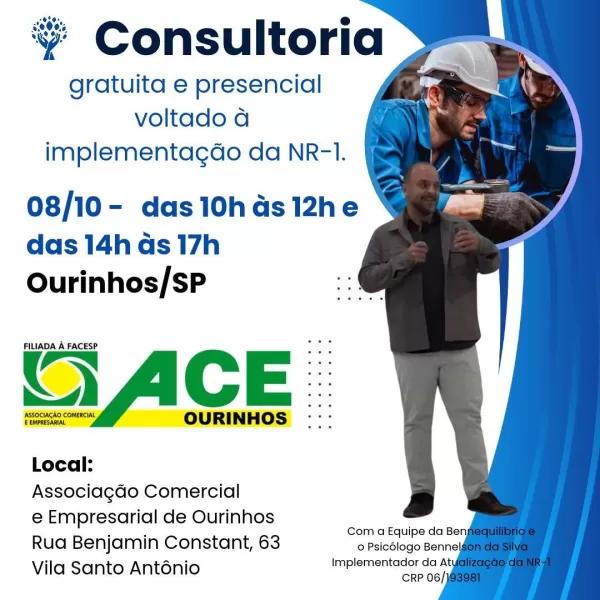 ACE Ourinhos oferece consultoria gratuita sobre NR-1 para empresas associadas neste dia 08 de outubro 