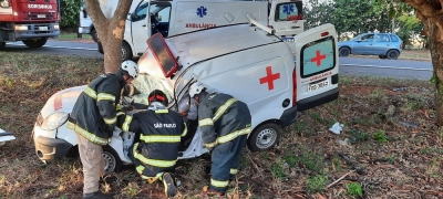 Motorista de ambulância fica preso entre ferragens após bater em árvore em vicinal 