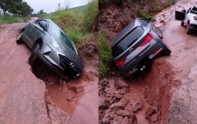 Carros caem em crateras provocadas por temporal na região 