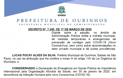 Decreto de emergência para conter o contágio pelo COVID-19 em Ourinhos é divulgado 