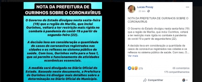  Em nota, Prefeitura de Ourinhos diz que seguirá determinação do estado e terá restrição rígida 