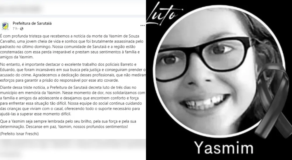 Prefeitura de Sarutaiá decreta luto após morte de adolescente; mãe e padrasto foram presos