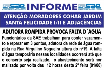Adutora rompida causa desabastecimento na Cohab e Jardim Santa Felicidade I e II em Ourinhos 