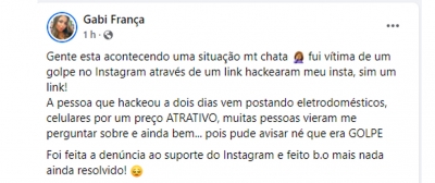 Moradora de Ourinhos tem perfil no Instagram hackeado e golpistas usam para pedir dinheiro e vendas falsas 