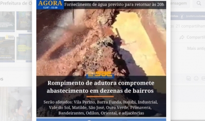 Prefeitura de Ourinhos informa rompimento de adutora e comprometimento do abastecimento de água de quase metade da cidade