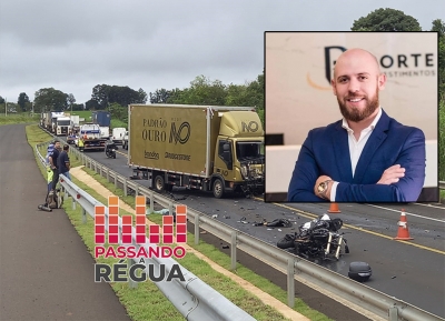Empresário de 25 anos é a vítima fatal de acidente com moto e dois caminhões em rodovia da região 