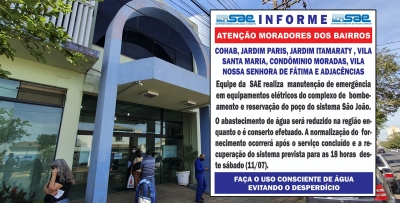 Manutenção da SAE corta abastecimento de água de pelo menos seis bairros de Ourinhos 