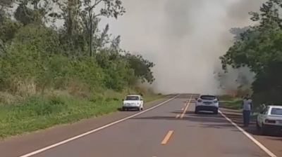Incêndio atinge área de mata às margens de rodovia e mobiliza bombeiros na região