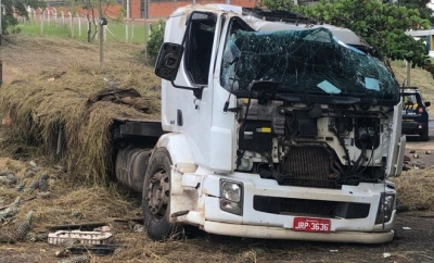 Caminhão carregado de abacaxis tomba na BR-153 na região 
