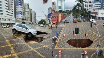 VÍDEO: Cratera se abre em avenida de Maringá e carro fica pendurado