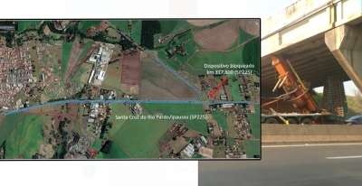 Carreta entalada em viaduto é retirada, mas interdição é mantida em Santa Cruz do Rio Pardo